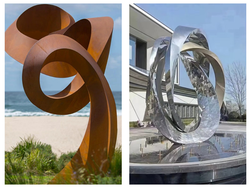 Escultura de paisagem em metal: duelo estético entre o aço inoxidável e o aço Corten